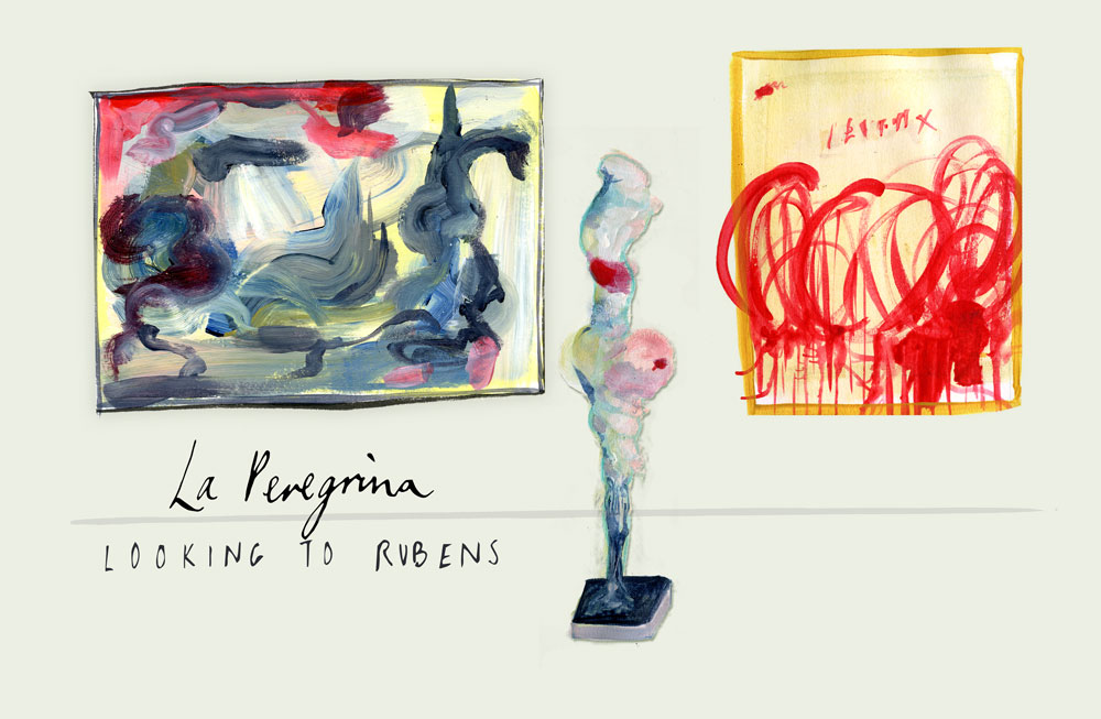 June-Sees-illustrated-exhibition-review-of-La-Peregrina-Looking-to-Rubens-a-tthe-Royal-Academy illustration of cy twombly rebecca warren de kooning